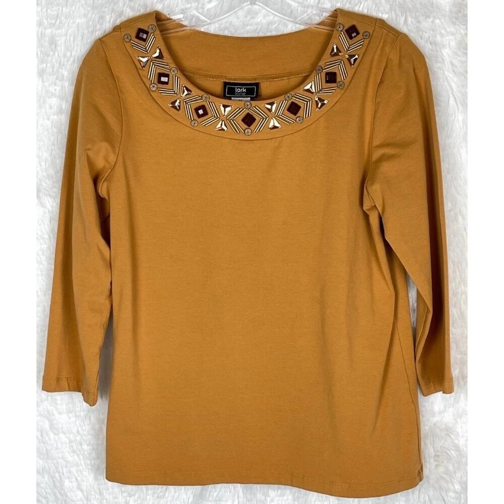 Lark Lane Medium 3/4 Sleeve Gold Top Embellished Beaded Neck